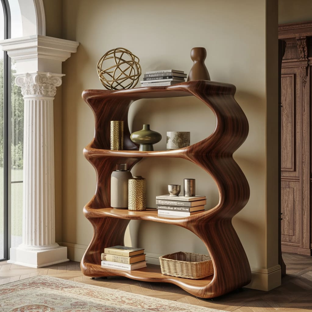 Organic solid wood display shelf with a sculptural wavy design for stylish home interiors