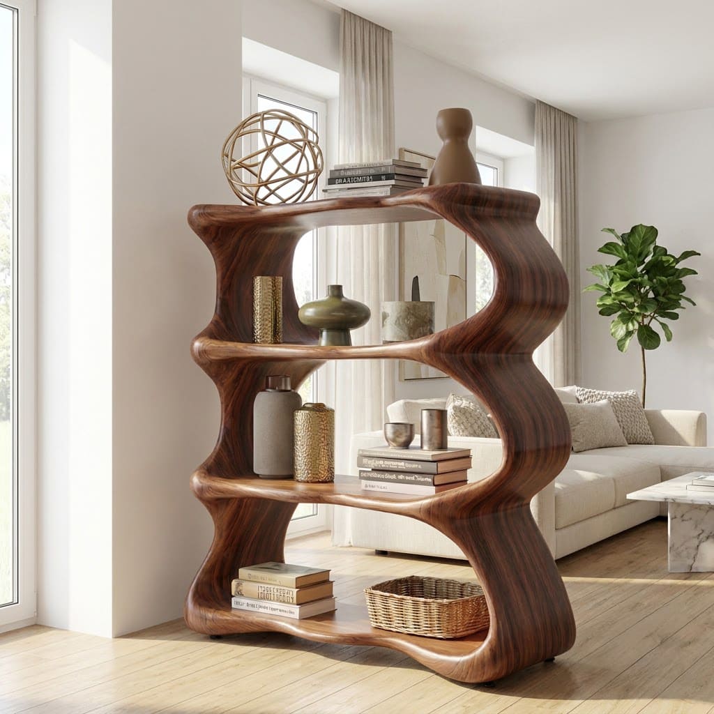 Handcrafted solid wood display shelf with a flowing wavy form for contemporary living spaces