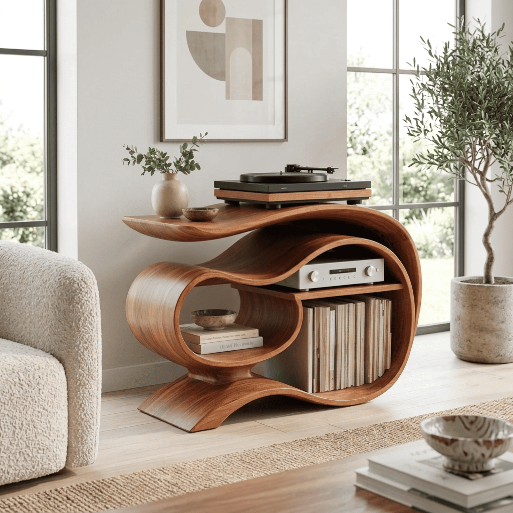 Sculptural ribbon record player stand in solid wood