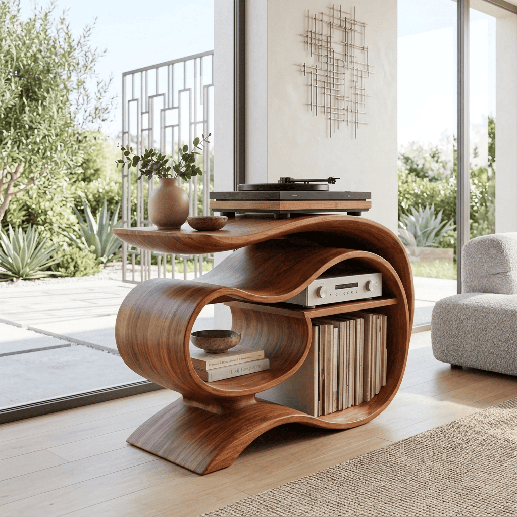 Sculptural solid wood ribbon record player stand in a contemporary living room