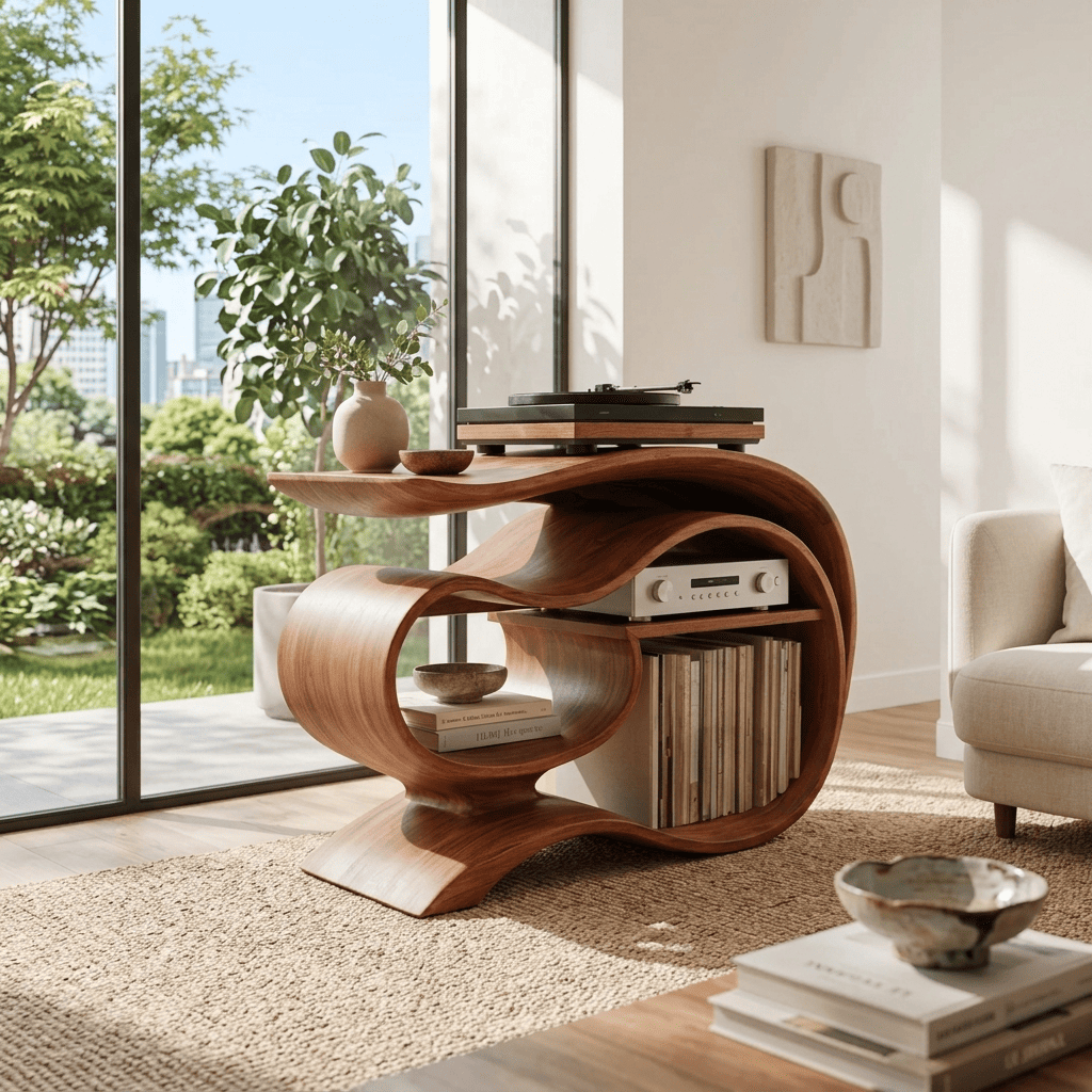 Handcrafted solid wood vinyl media console styled in a modern listening room