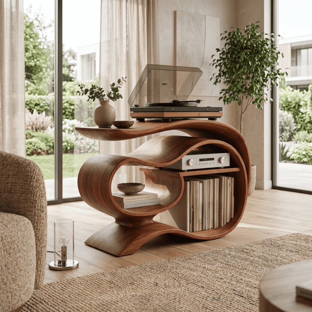 Organic solid wood record player console displayed in a cozy music corner