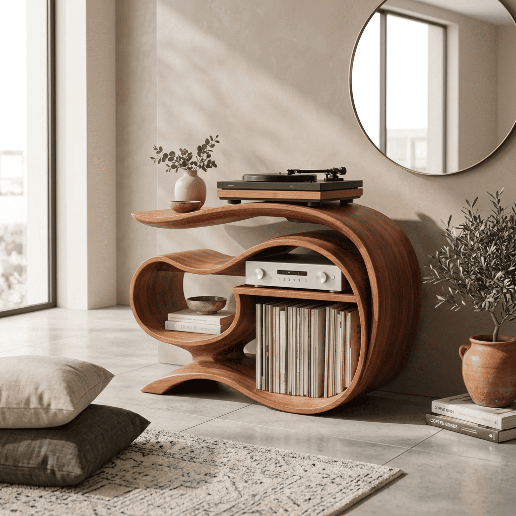 Artistic solid wood ribbon media console enhancing a minimalist entertainment space