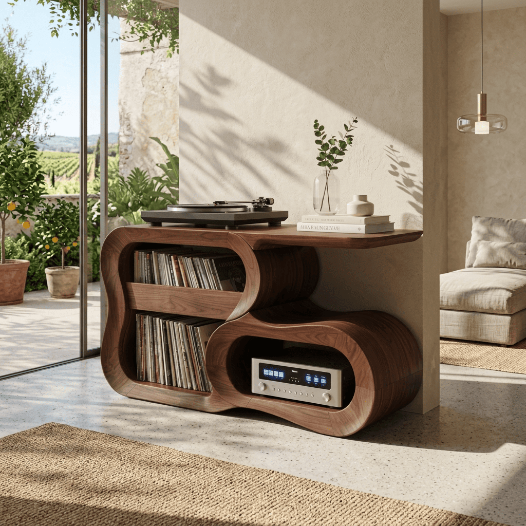 Sculptural S-curve record player stand in solid wood