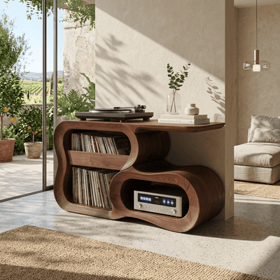 Sculptural Handcrafted S-Curve Solid Wood Vinyl Record Player Stand & Hi-Fi Media Console