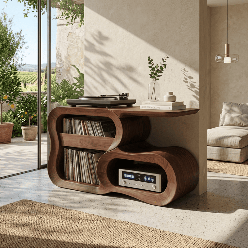 Sculptural S-curve record player stand in solid wood