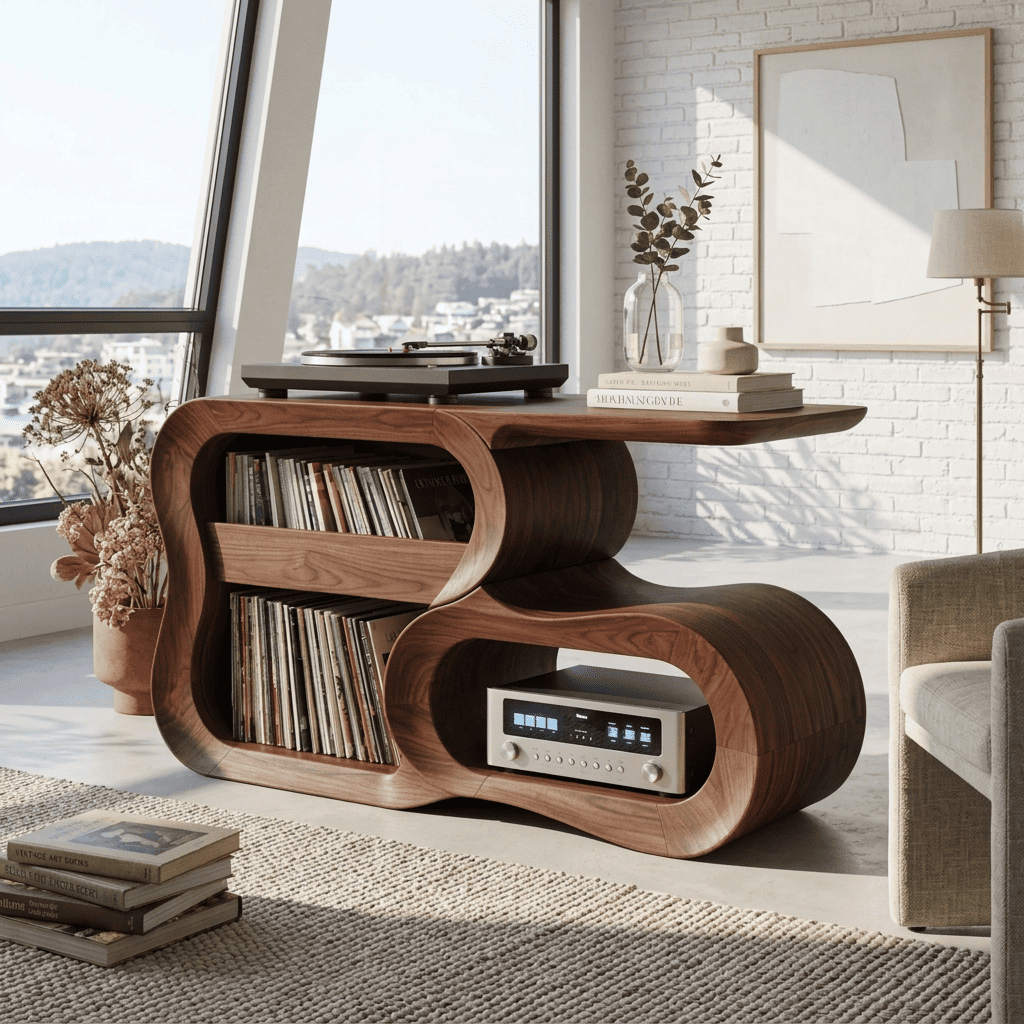 Handcrafted solid wood vinyl record stand styled in a modern listening room