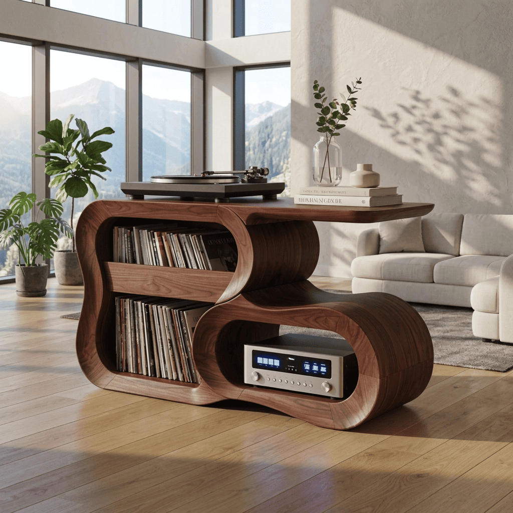 Sculptural solid wood S-curve record player stand in a contemporary living room
