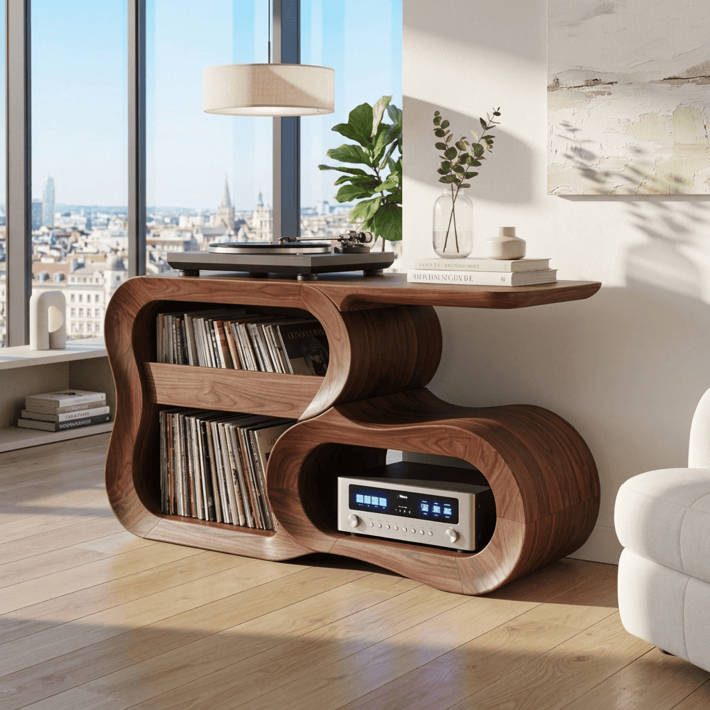 Organic solid wood Hi-Fi media console displayed in a cozy music corner