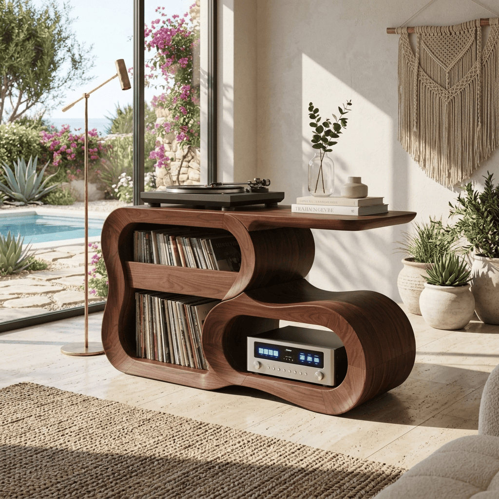 Artistic solid wood S-curve media console enhancing a minimalist entertainment space