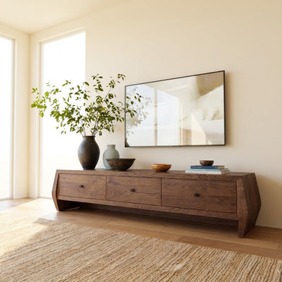 Sculptural Handcrafted Solid Wood Low-Profile TV Stand & 3-Drawer Media Console