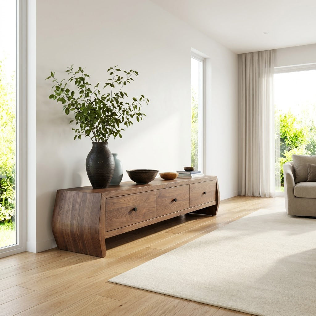 Sculptural solid wood low-profile TV stand in a contemporary living room