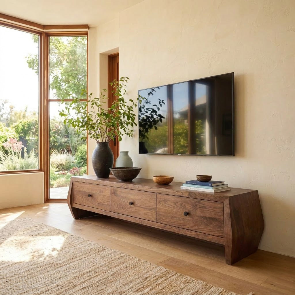 Handcrafted solid wood media console with three drawers in a modern entertainment space