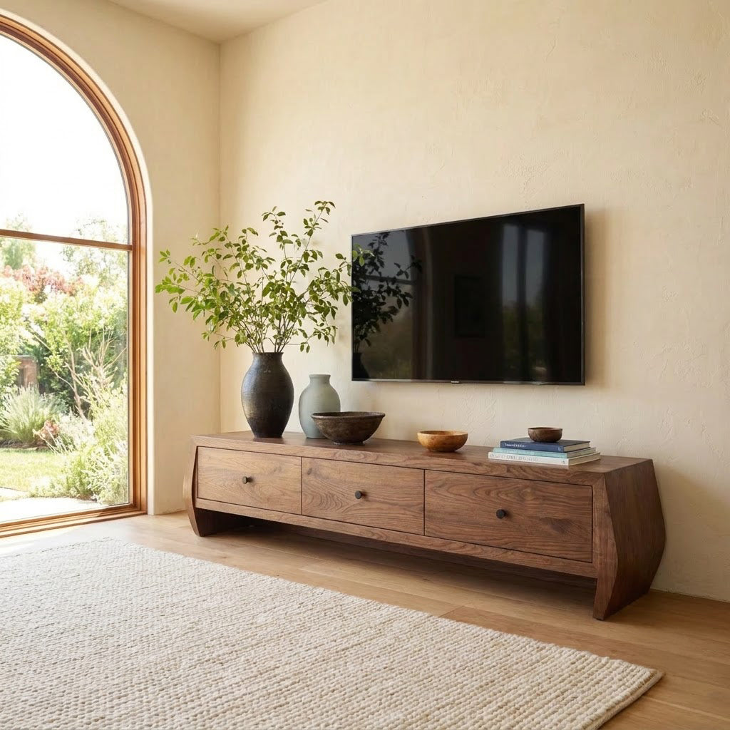 Organic solid wood TV stand styled in a minimalist living room