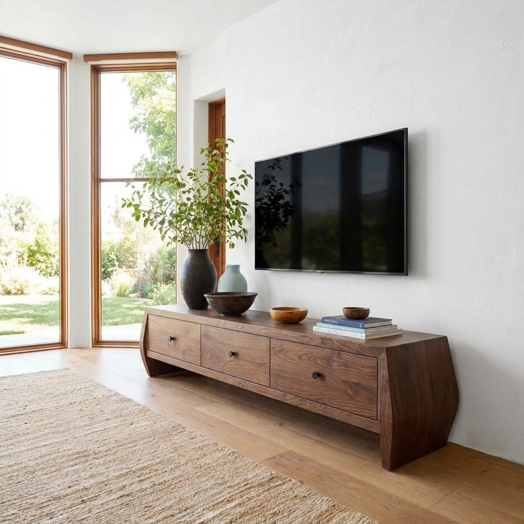 Artistic solid wood three-drawer media console enhancing a contemporary home interior