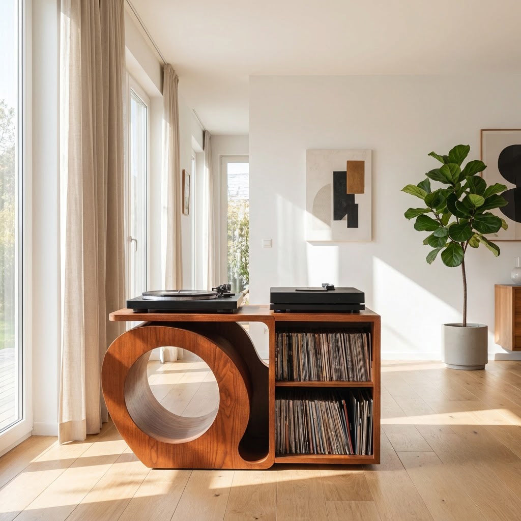 Sculptural solid wood vinyl cabinet showcased in an elegant home interior