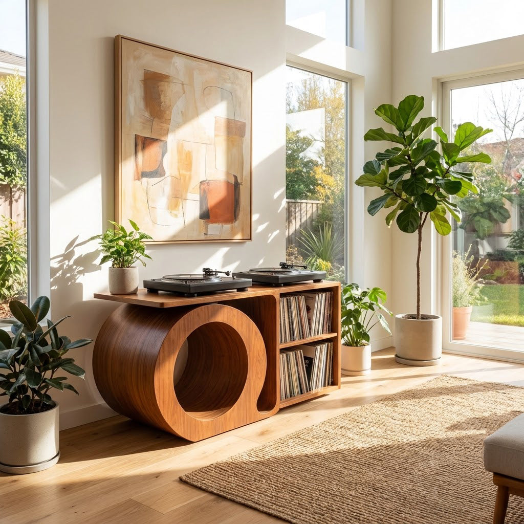 Sculptural solid wood vinyl record storage console in a contemporary living room