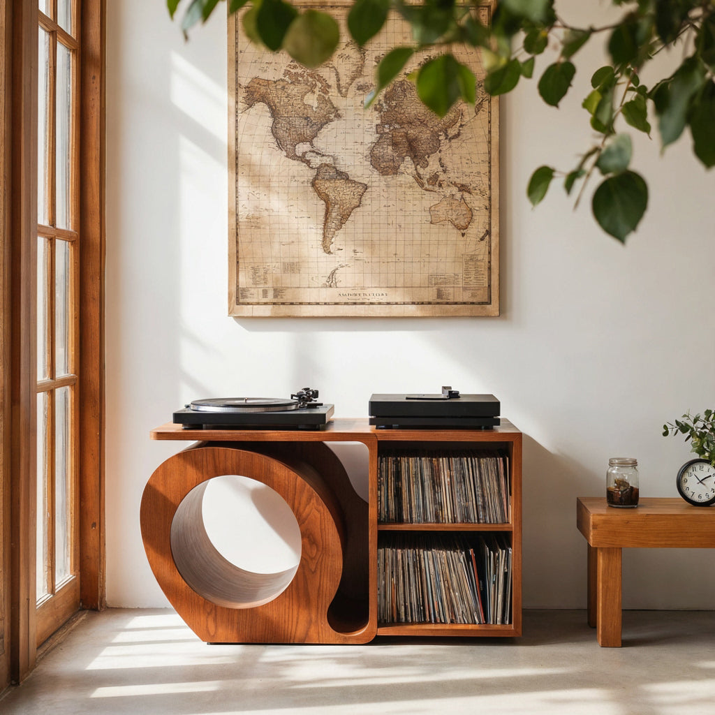 Artistic solid wood record storage console enhancing a minimalist entertainment space