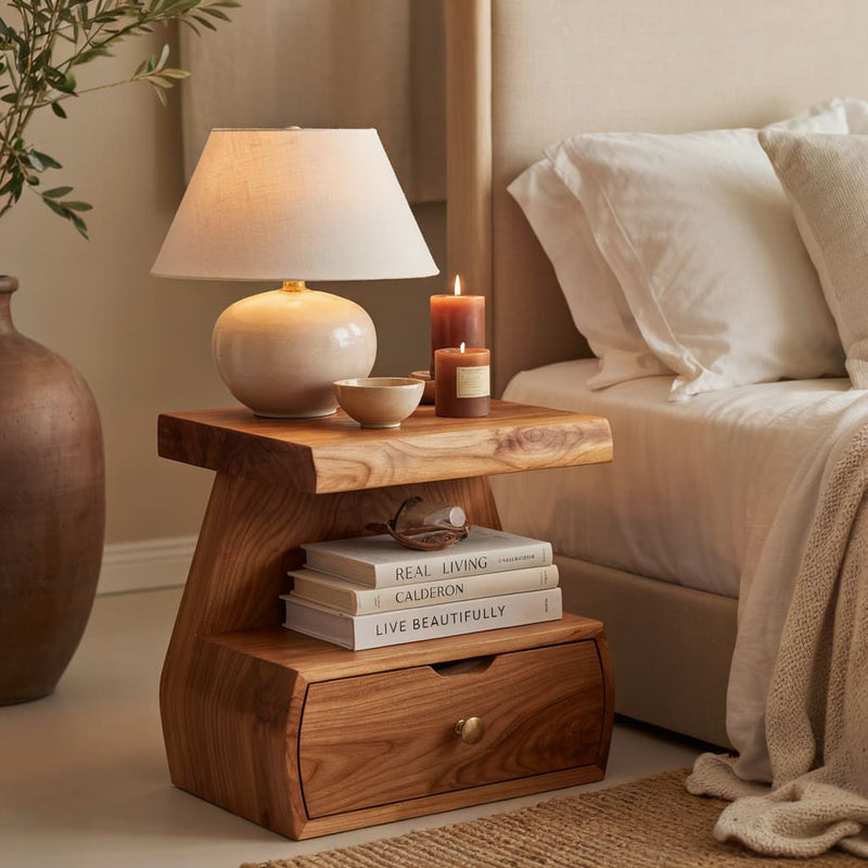 Sculptural handcrafted stepped nightstand with drawer in solid wood