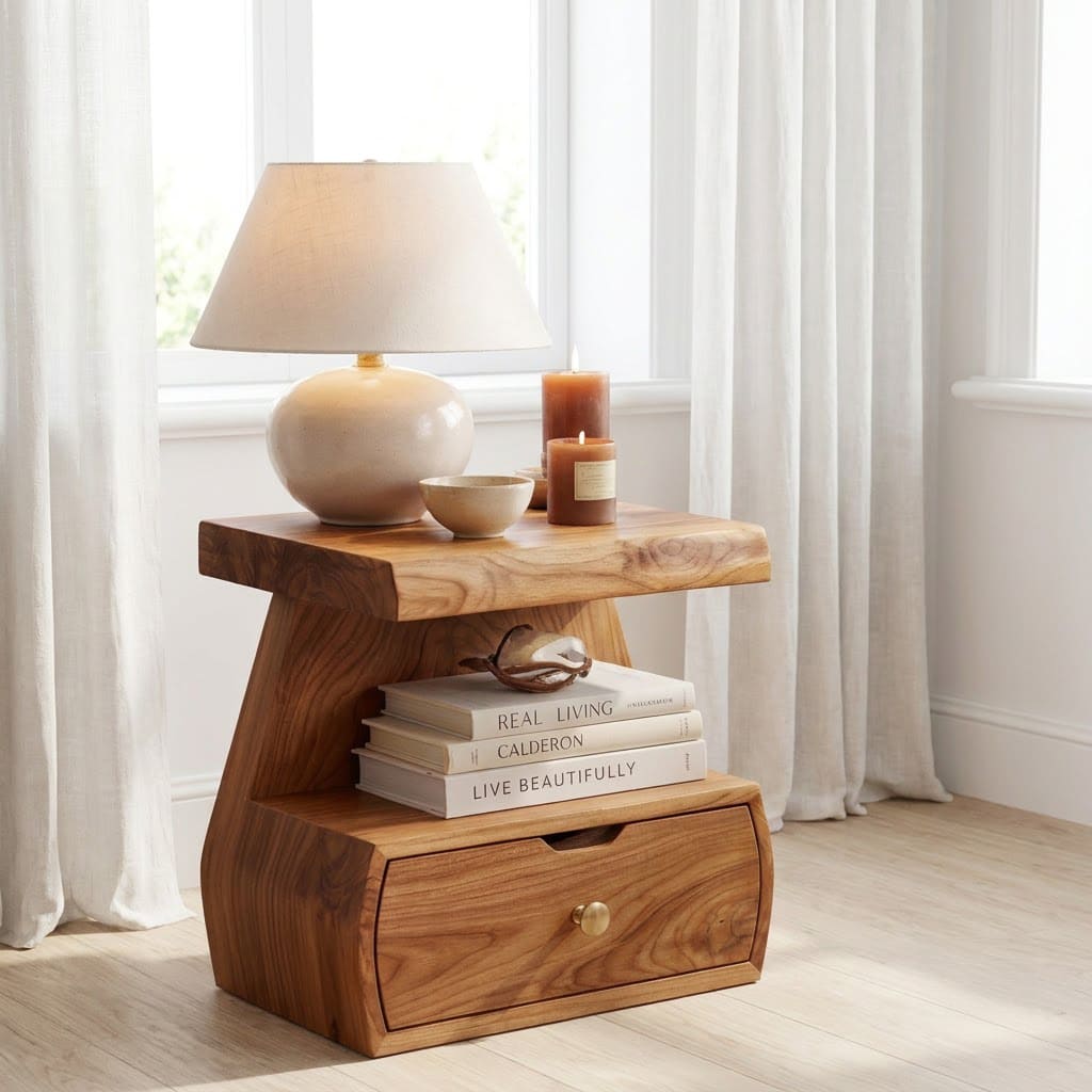 Contemporary solid wood stepped side table with storage placed in a cozy bedroom corner