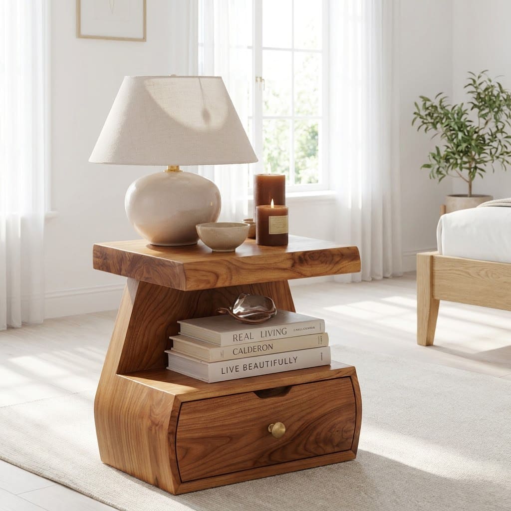 Handcrafted solid wood stepped nightstand with drawer styled beside a master bedroom bed