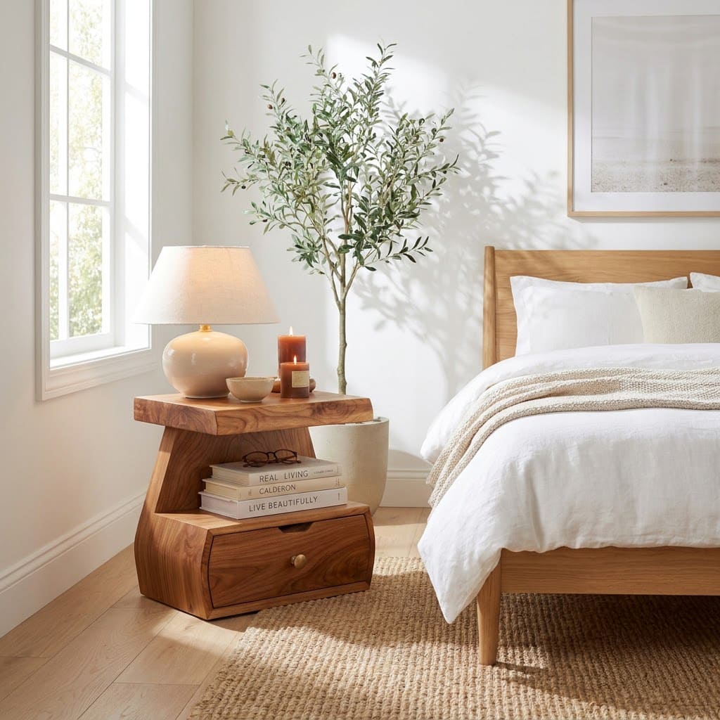Sculptural natural wood tiered bedside table for an elegant modern living room