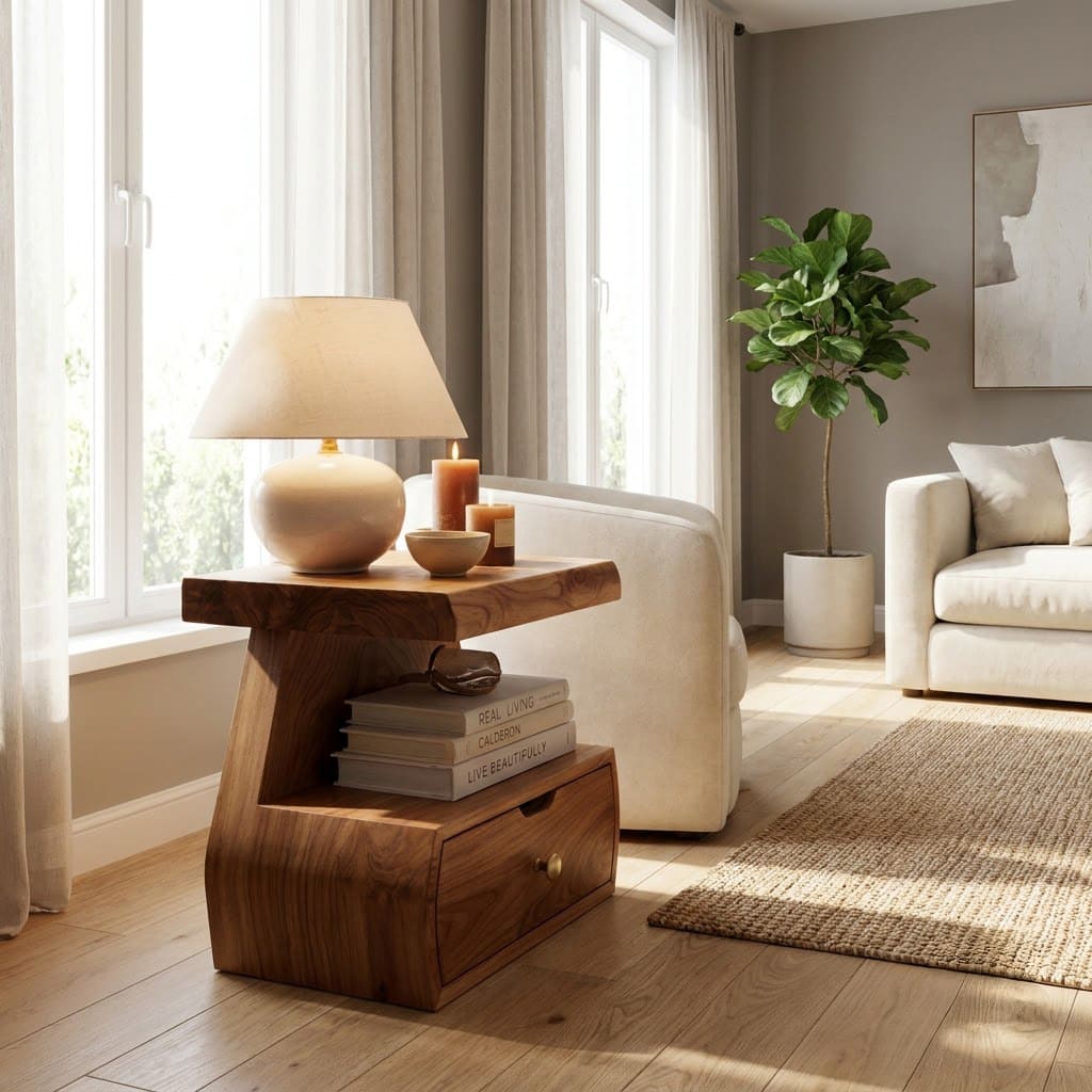 Sculptural natural wood tiered bedside table for an elegant modern guest room