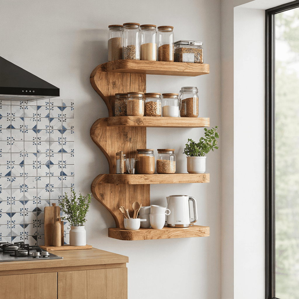 Sculptural handcrafted wave 4-tier kitchen wall shelf in solid wood