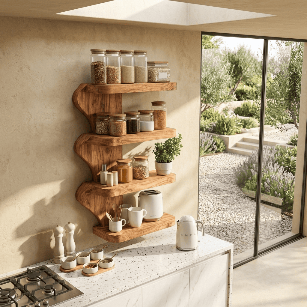 Handcrafted solid wood 4-tier wave wall shelf styled with spice jars in a modern kitchen