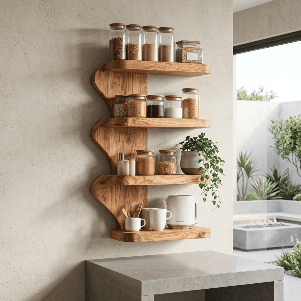 Sculptural natural wood kitchen wall storage unit for an organized pantry nook