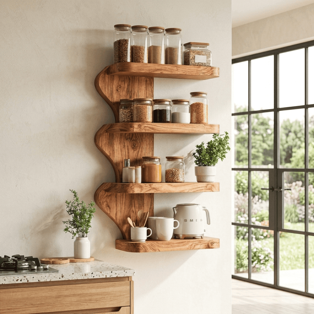 Artisanal solid timber 4-tier pantry organizer elevating a rustic dining area wall