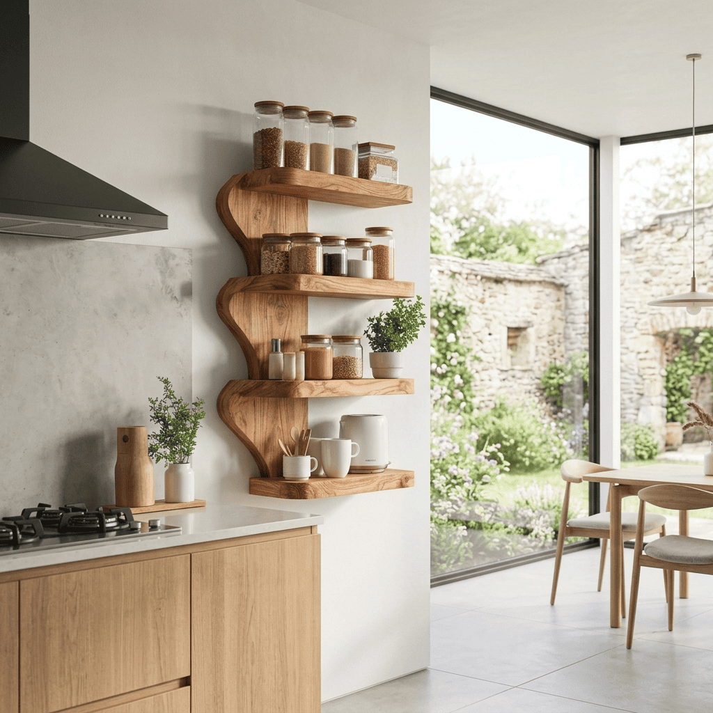 Handcrafted solid wood 4-tier wave wall shelf styled with spice jars in a modern dining room