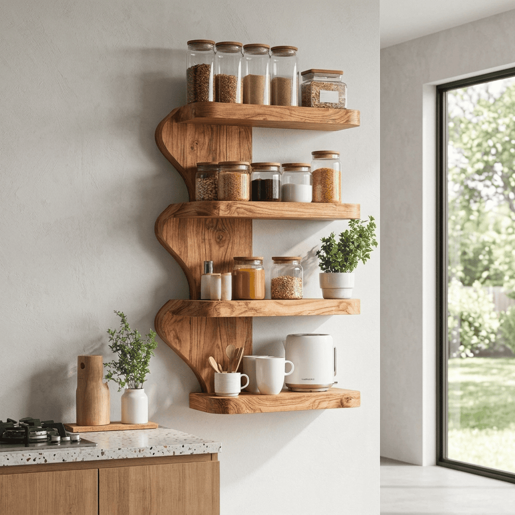 Artisanal solid timber 4-tier pantry organizer elevating a rustic kitchen area wall