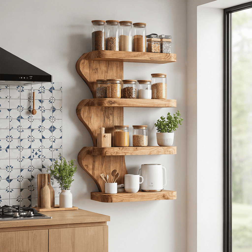 Sculptural Handcrafted Wave Solid Wood 4-Tier Kitchen Wall Shelf & Pantry Storage Unit