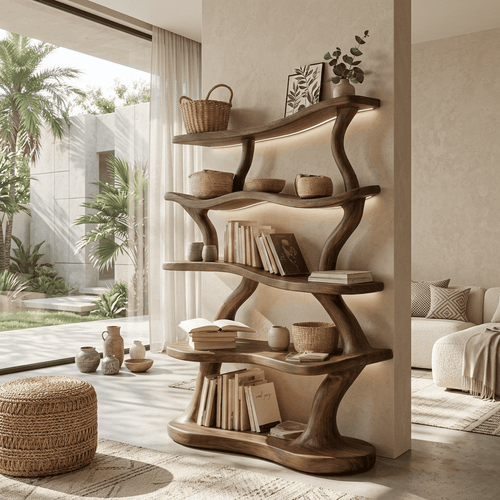 Sculptural Handcrafted Wave Solid Wood 5-Tier Bookshelf with Integrated LED Illumination