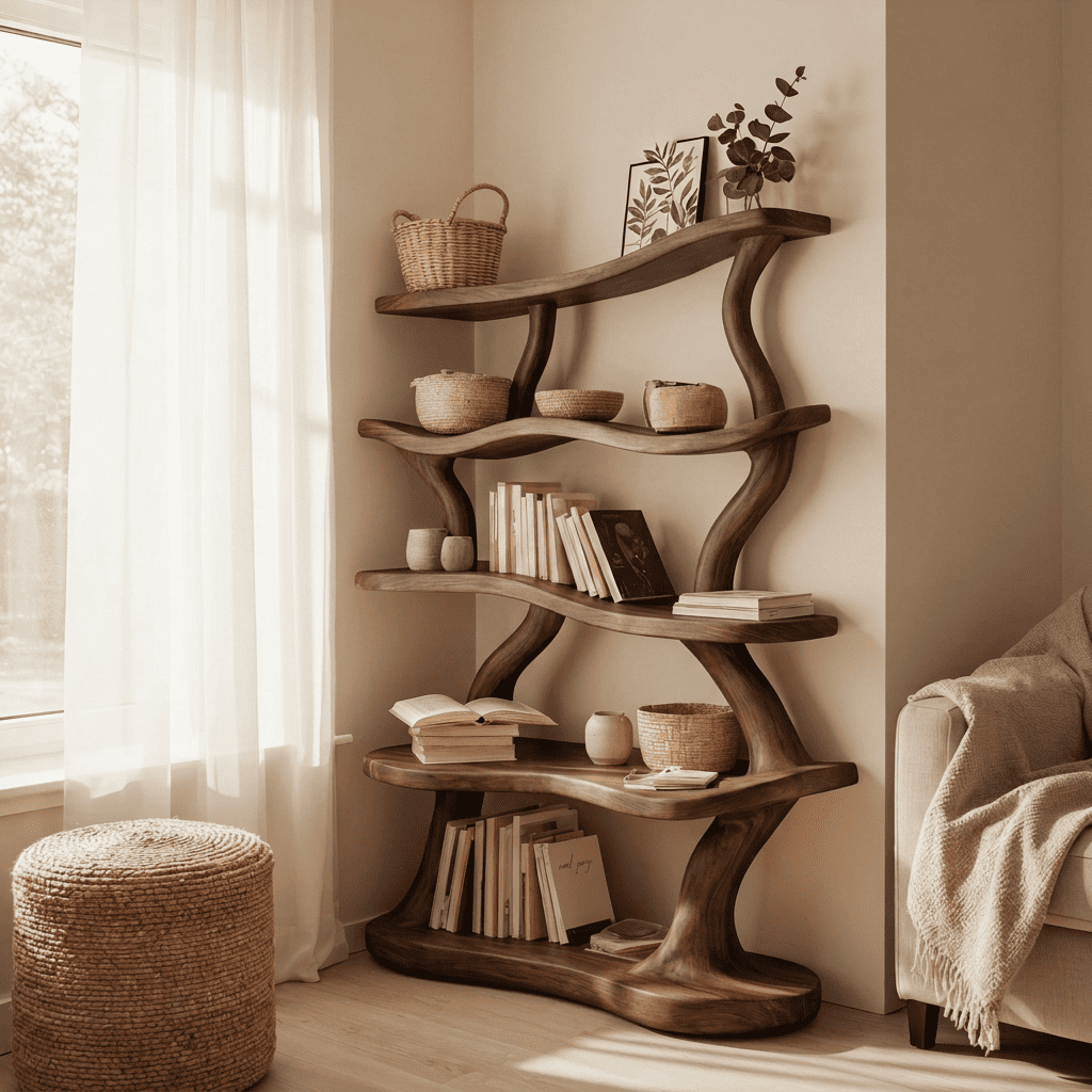 Organic solid wood wave display shelf with LED illumination in a minimalist reading nook