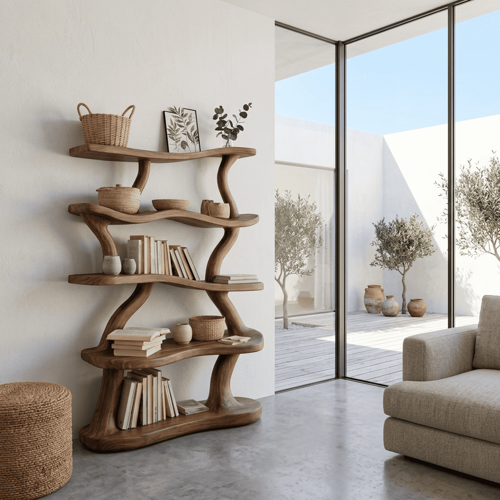 Sculptural solid wood wave bookshelf with integrated LED lighting in a modern living room