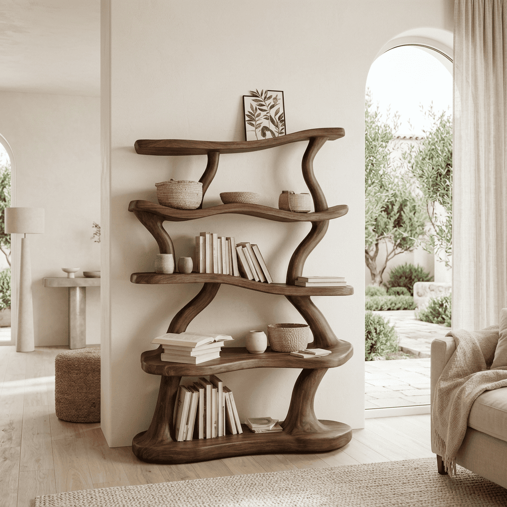 Artistic solid wood bookshelf with integrated LED lighting in a modern living space