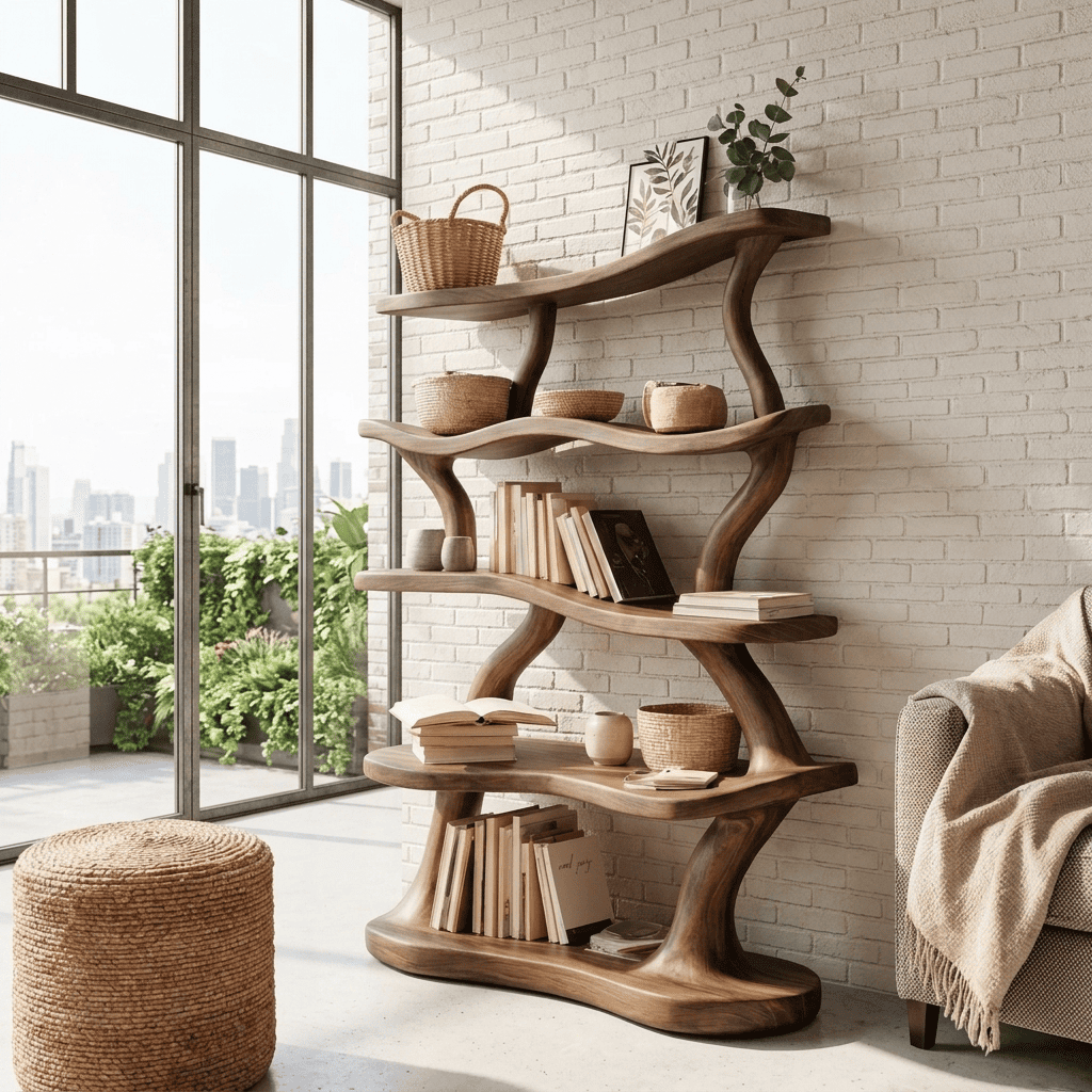 Sculptural solid wood five-tier display shelf showcased in an elegant home interior