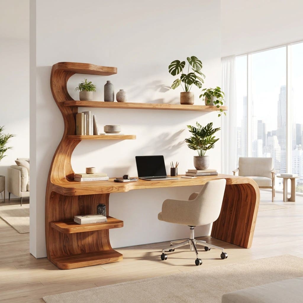 Sculptural handcrafted wave executive desk with bookshelf hutch in solid wood