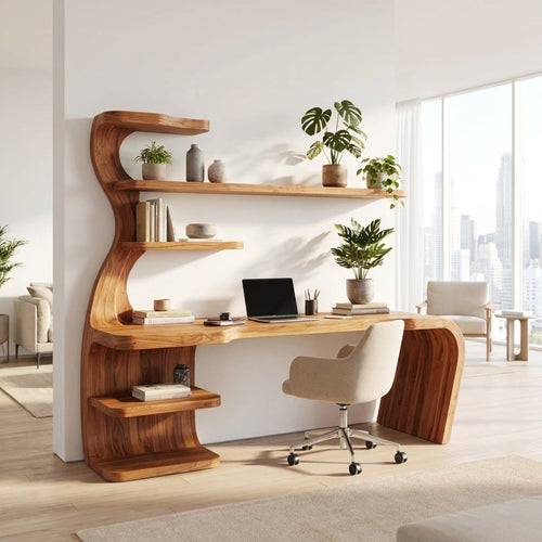 Sculptural Handcrafted Wave Solid Wood Executive Desk with Integrated Bookshelf Hutch