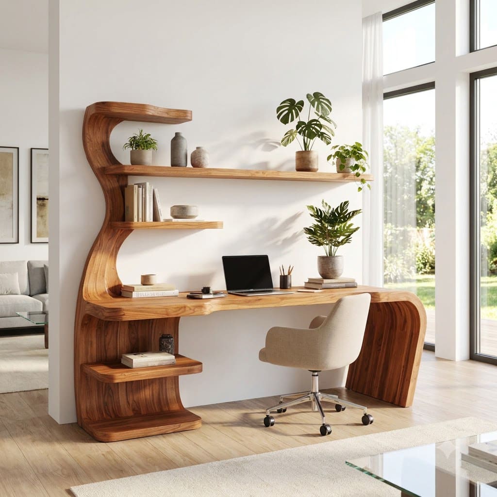 Handcrafted solid wood wave executive desk with hutch styled in a luxury home office