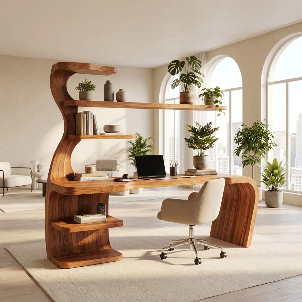 Sculptural natural wood executive desk with bookshelf for an executive corner study