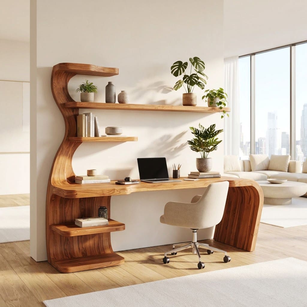 Contemporary solid wood wavy computer workstation with hutch in a sunlit open workspace