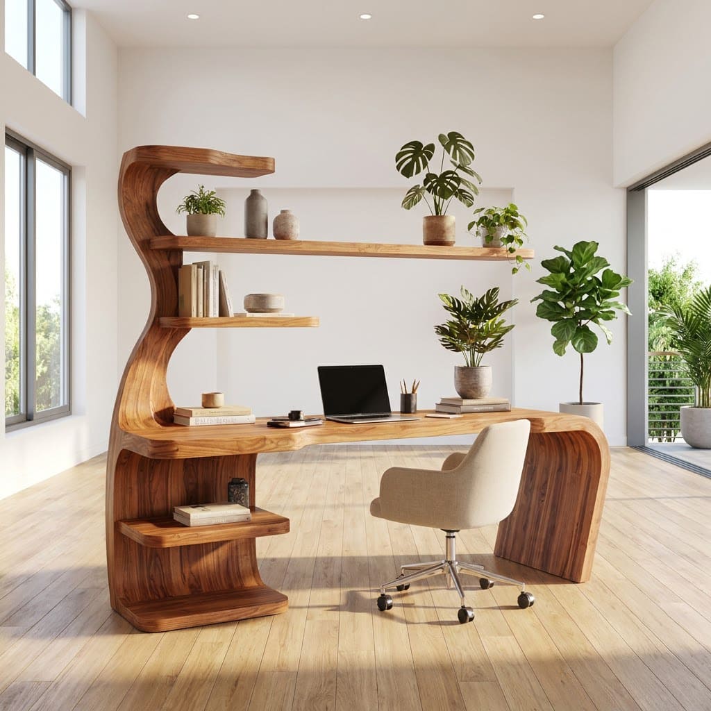 Artisanal solid timber executive desk with integrated storage elevating a modern professional office