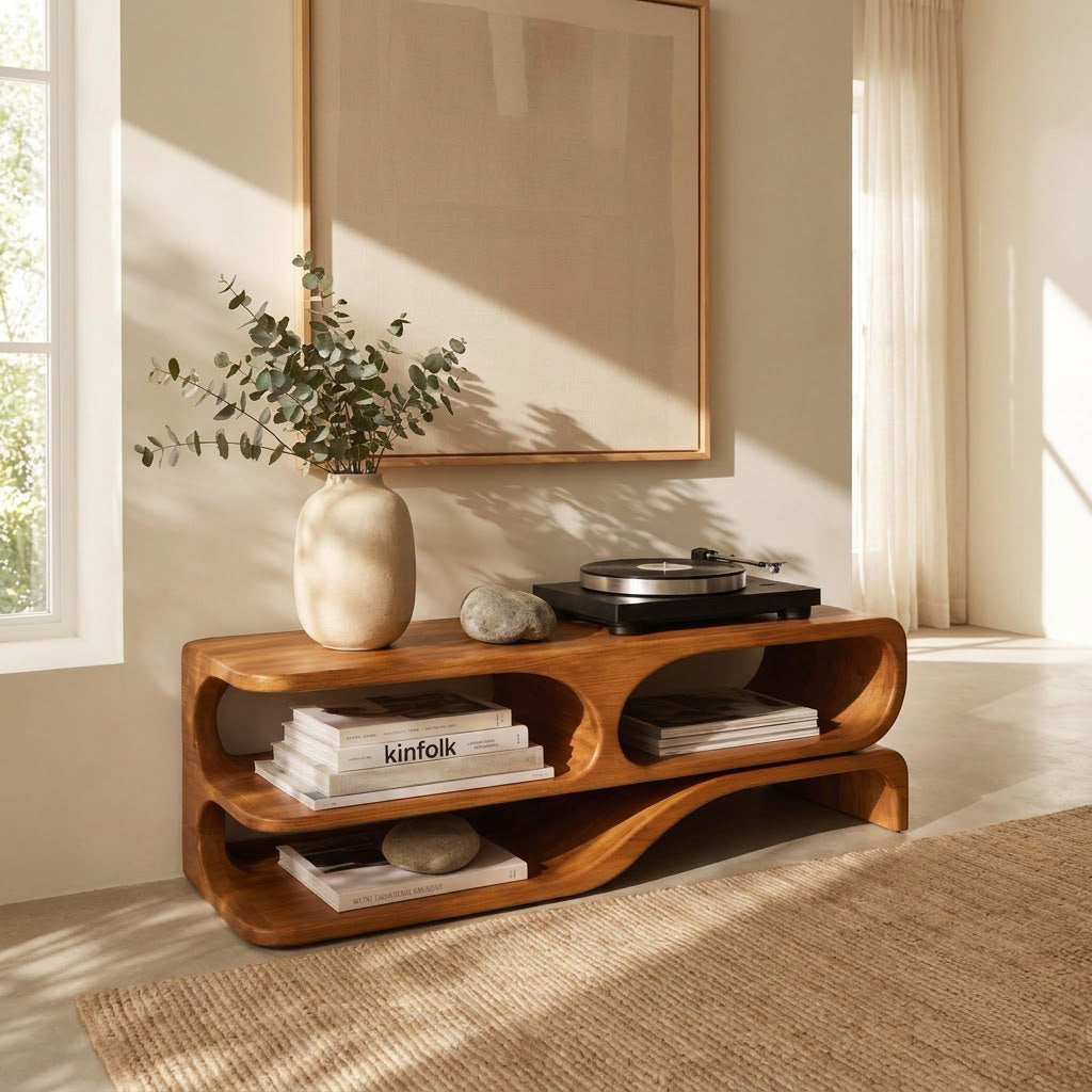 Wave turntable console crafted from solid wood