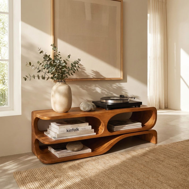 Wave turntable console crafted from solid wood