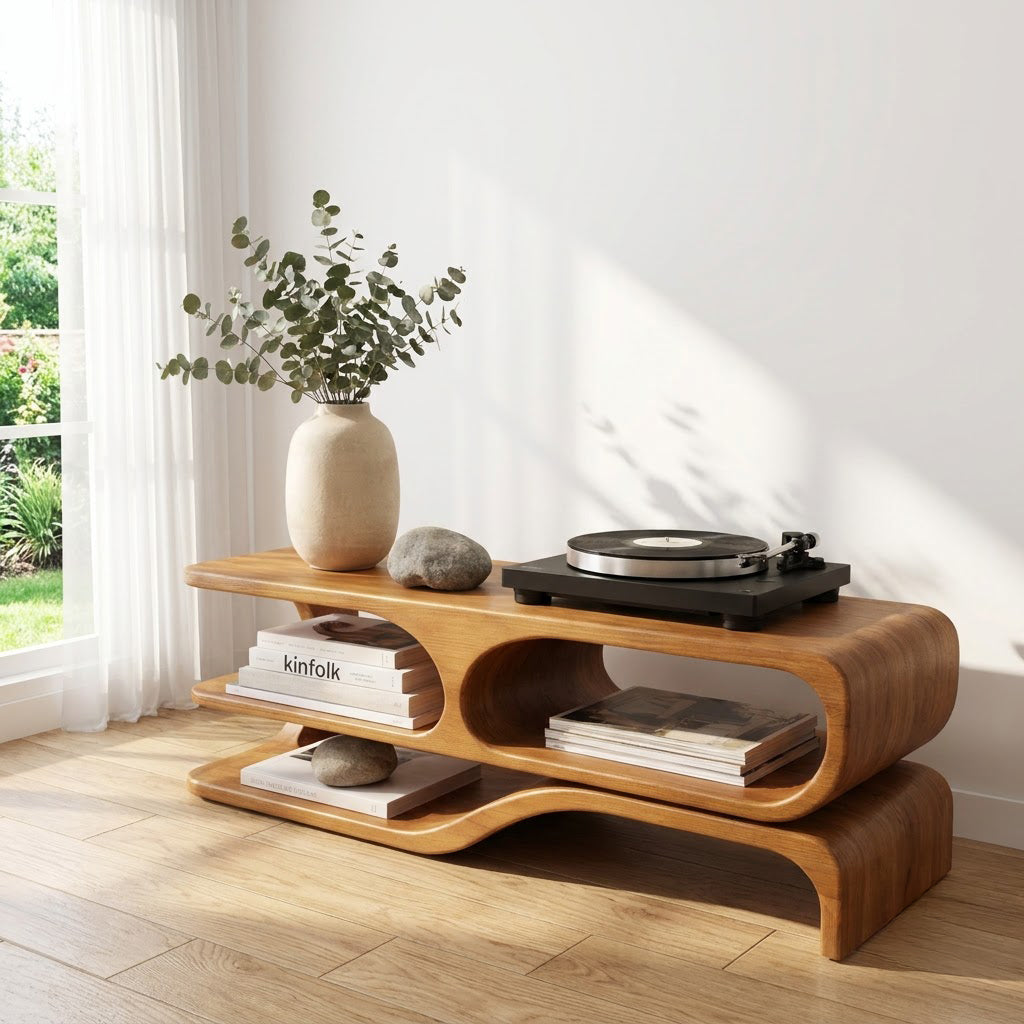 Artistic solid wood wave audio console enhancing a minimalist entertainment space