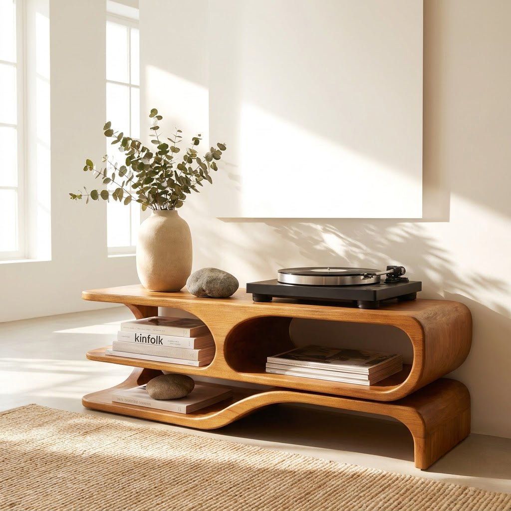 Sculptural solid wood turntable stand showcased in an elegant home interior