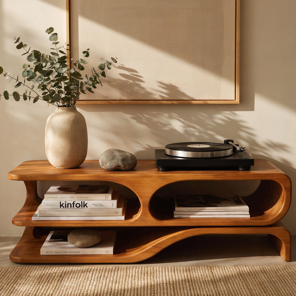 Handcrafted solid wood audio console styled in a modern listening room